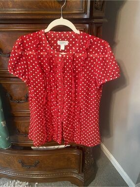 Ann Taylor loft red polka dot button up ruffle trim blouse